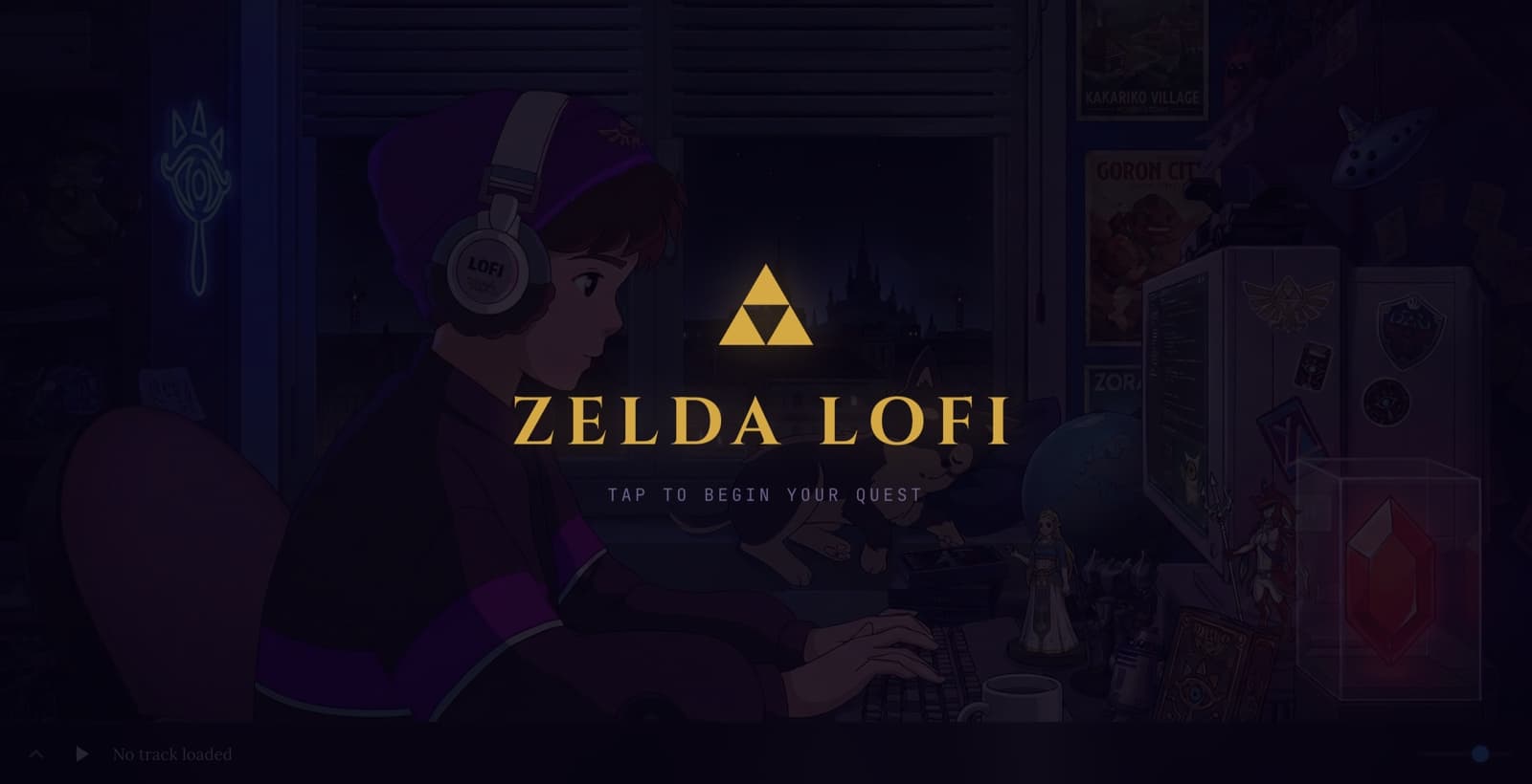 Start screen with golden Triforce logo and Tap to begin your quest text over dimmed lofi background