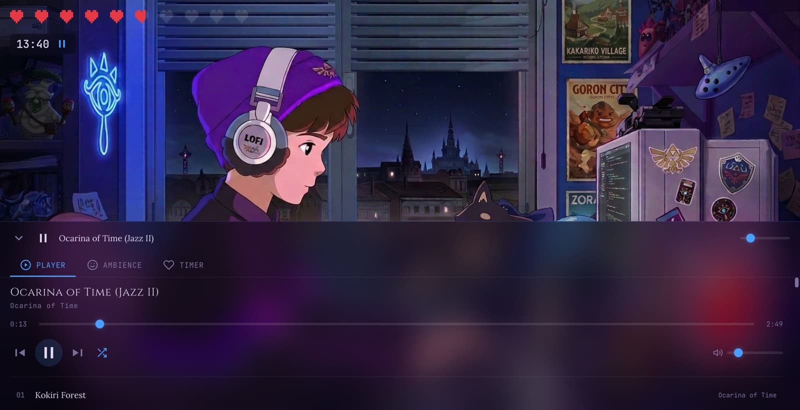 Player tab with Ocarina of Time Jazz II track playing, progress bar, and Kokiri Forest ambience active