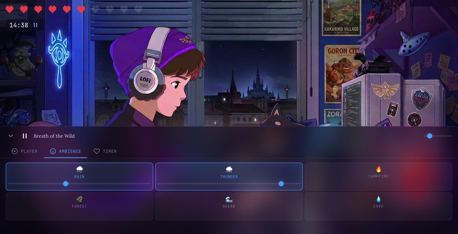 Ambience tab with sliders for rain, thunder, campfire, forest, ocean, and lava over Breath of the Wild track