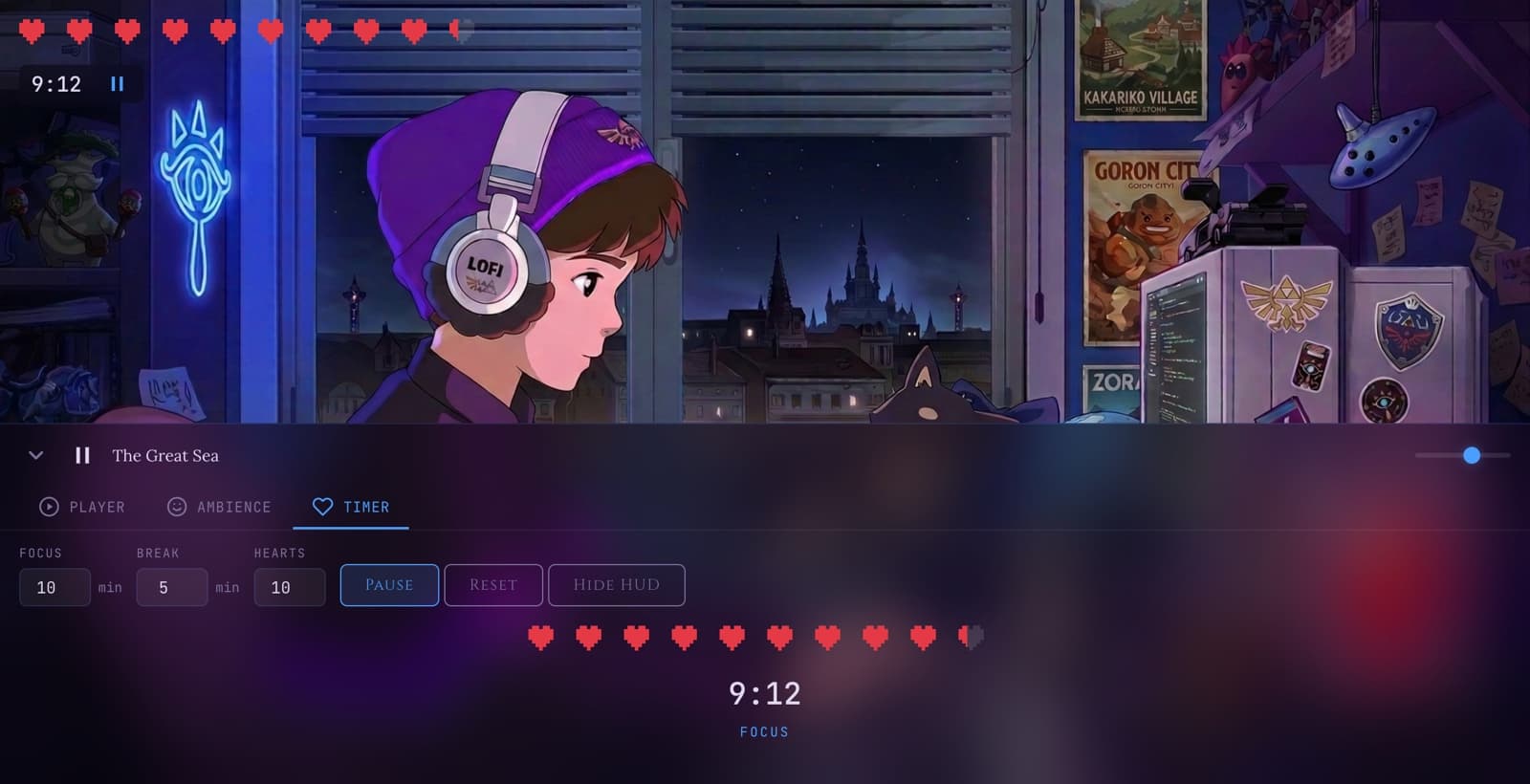 Timer tab showing Pomodoro countdown at 9:12 with pixel art hearts, focus and break settings, and The Great Sea playing