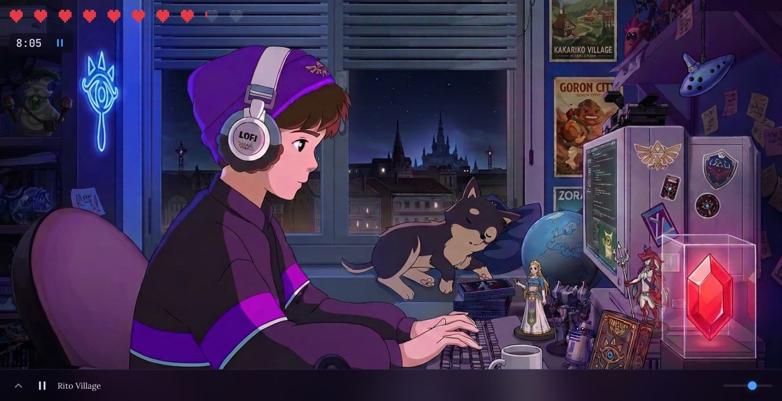 Lofi scene with character at desk wearing headphones, wolf companion, Hyrule Castle through window, pixel hearts timer, and Rito Village track playing